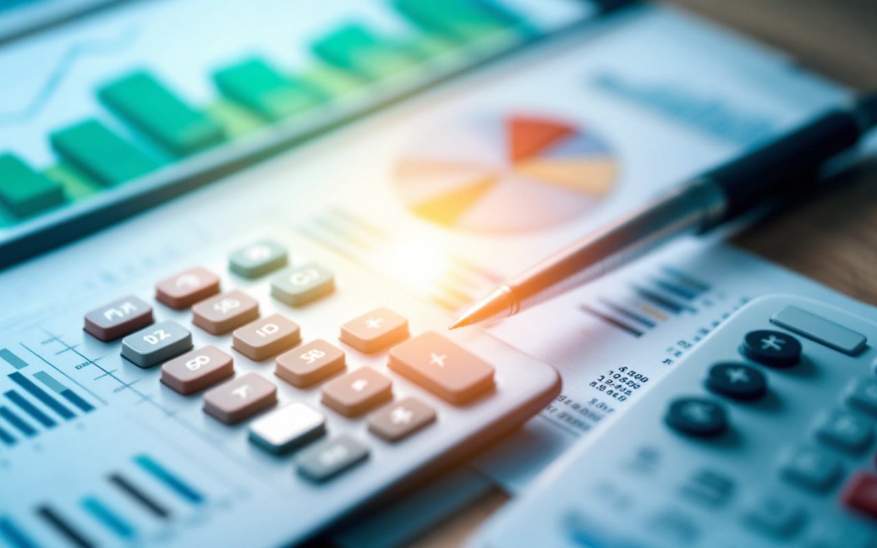 Une calculatrice pos&eacute;e &agrave; c&ocirc;t&eacute; de graphiques financiers sur un bureau en bois, avec des lumi&egrave;res douces et brillantes, cr&eacute;ant une ambiance professionnelle.