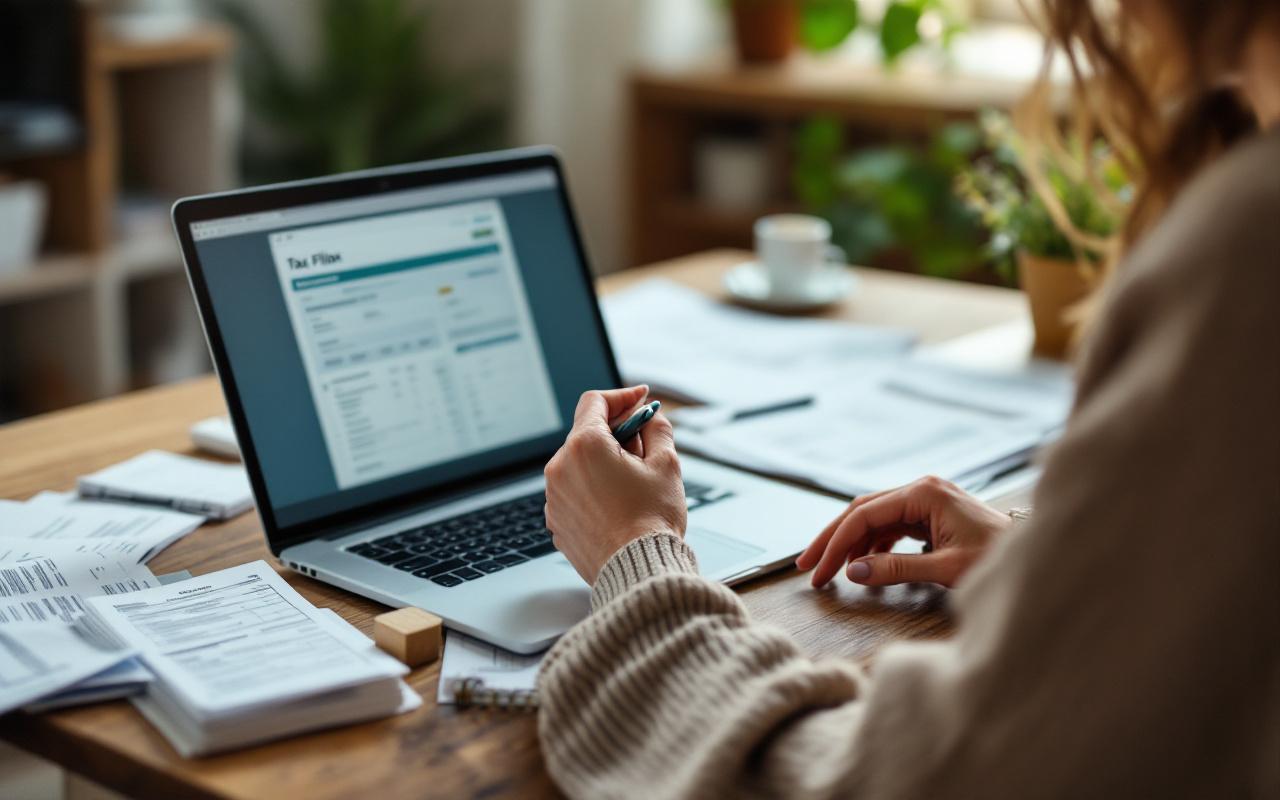 Femme assise à une table, vérifiant sa déclaration d'impôts en ligne sur un ordinateur portable, documents et reçus éparpillés, lumière douce du matin, expression concentrée.