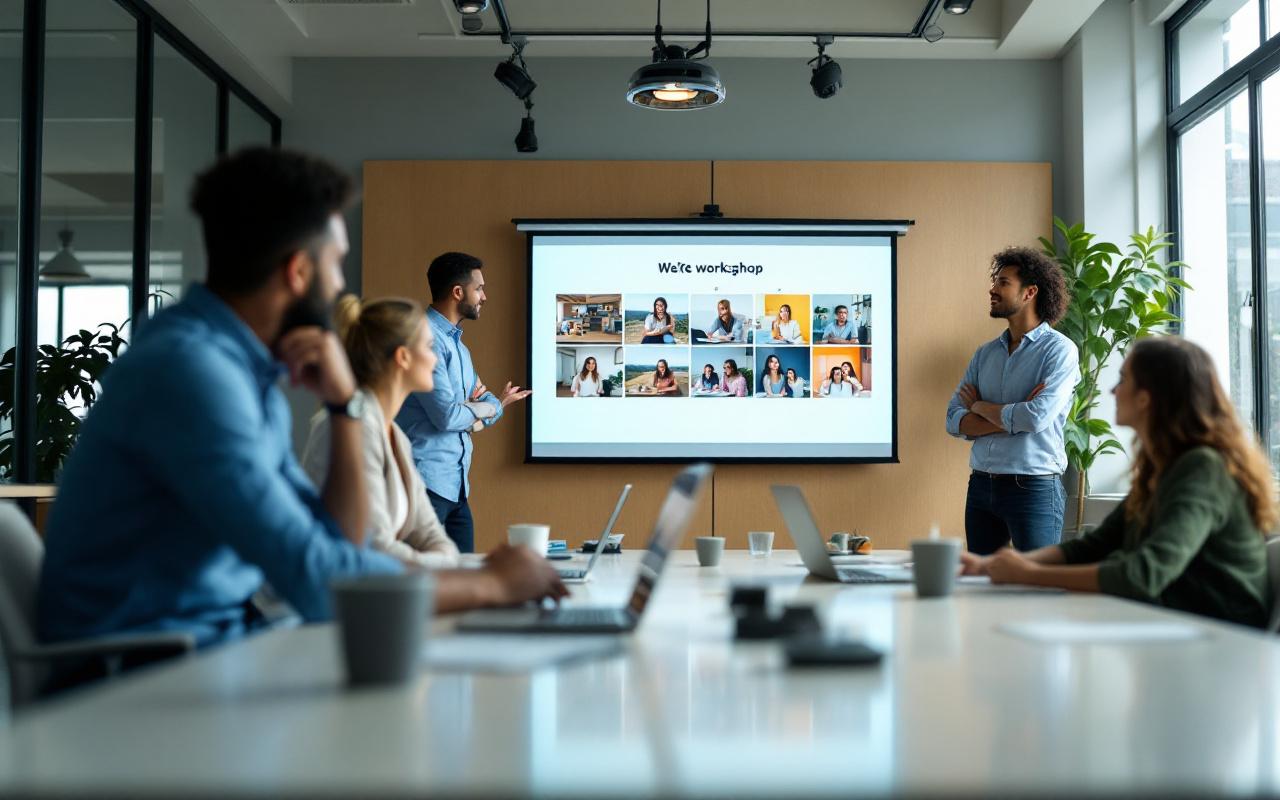 Une équipe de professionnels regarde un diaporama de photos pendant un atelier en entreprise dans une salle de réunion moderne, avec projecteur allumé, ordinateurs portables, expressions concentrées et lumière douce traversant les fenêtres.