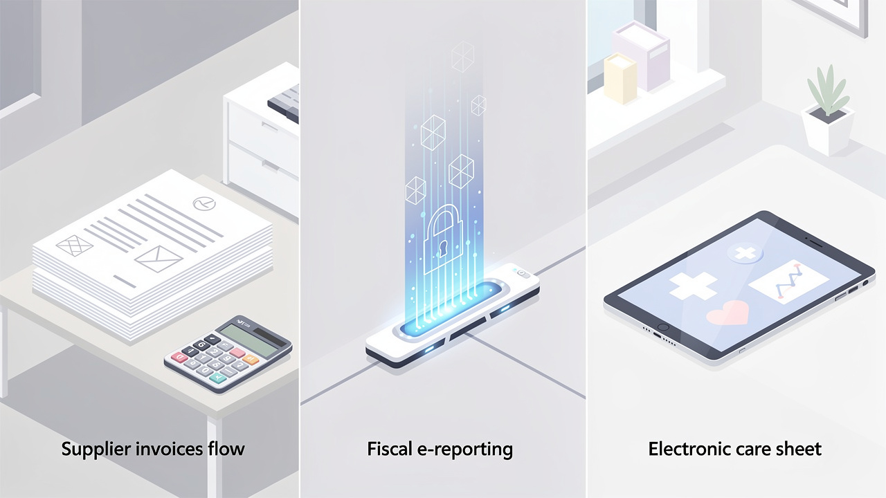 Illustration pédagogique d’un cabinet médical présentant trois flux distincts : des factures fournisseurs, un flux numérique de transmission fiscale et une feuille de soins électronique sur tablette.