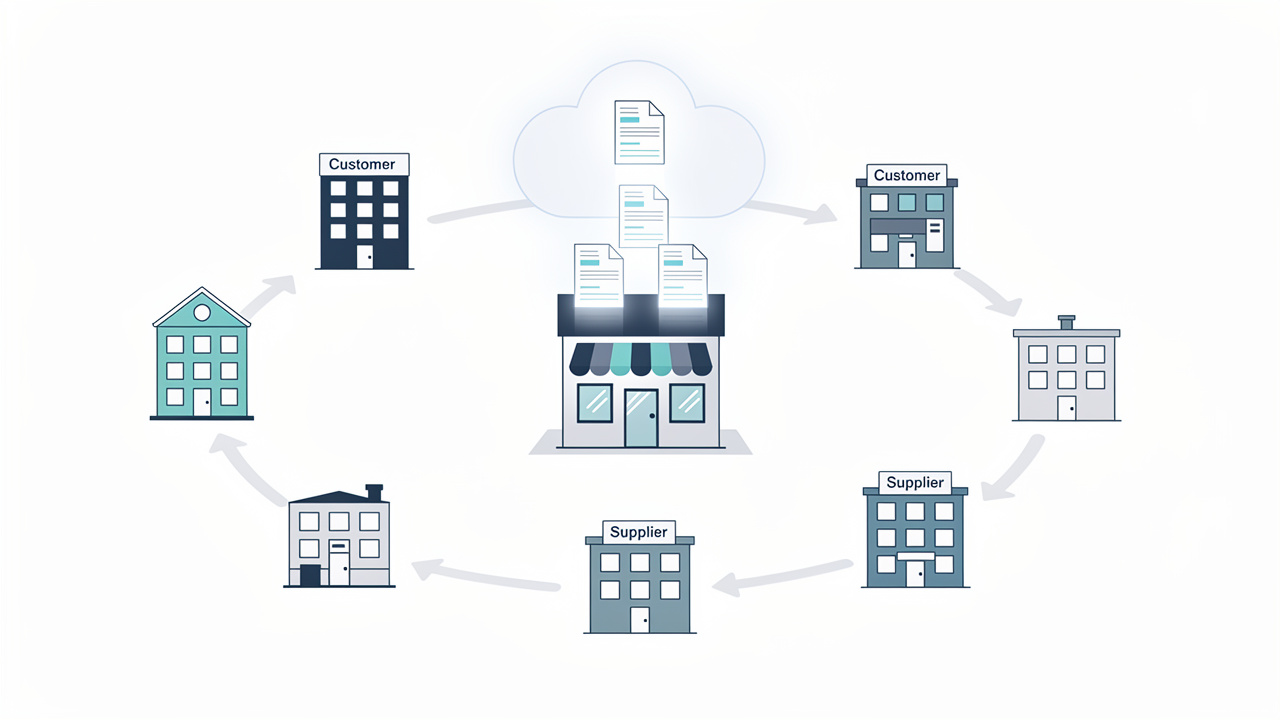Schéma visuel sobre montrant les flux de facturation électronique entre une petite entreprise, ses clients, ses fournisseurs et une plateforme sécurisée.